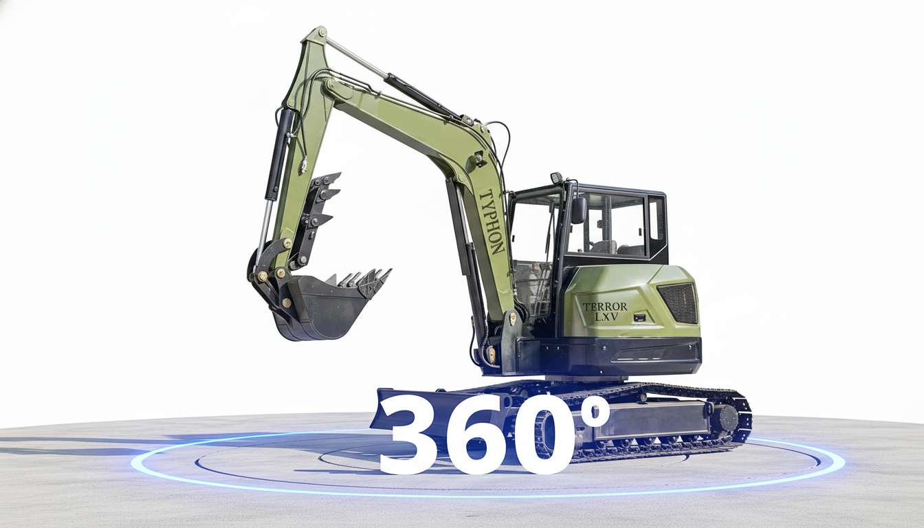 360 degree rotation action shot of excavator