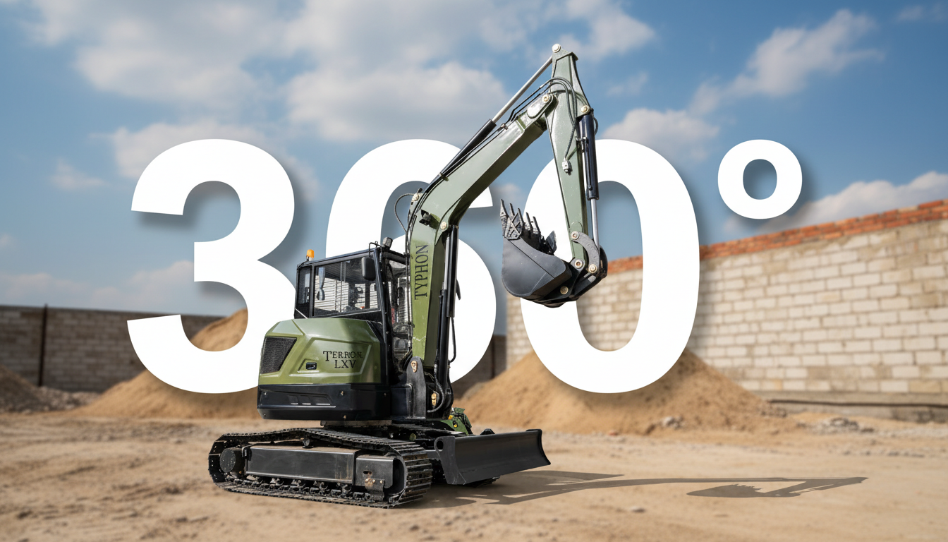 360 degree rotation action shot of excavator