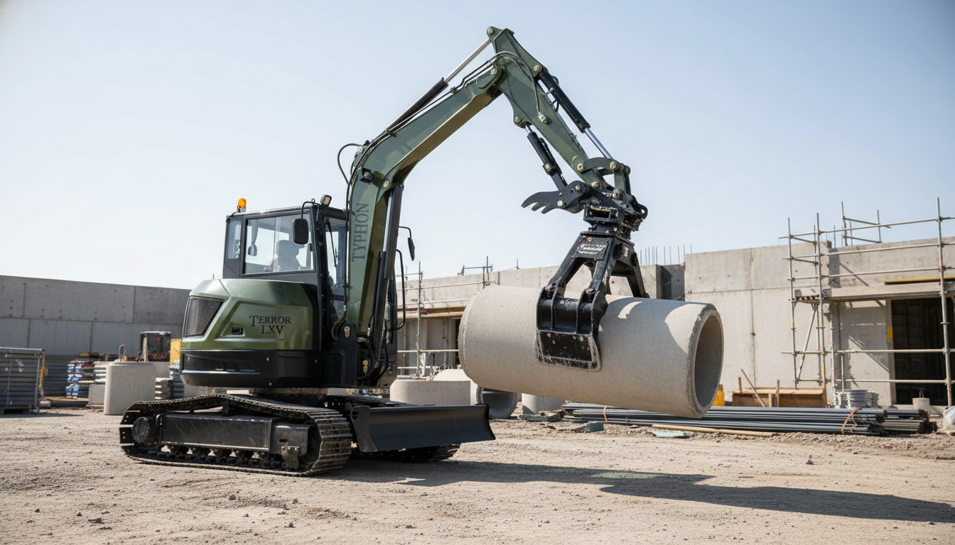 Excavator lifting heavy material on job site