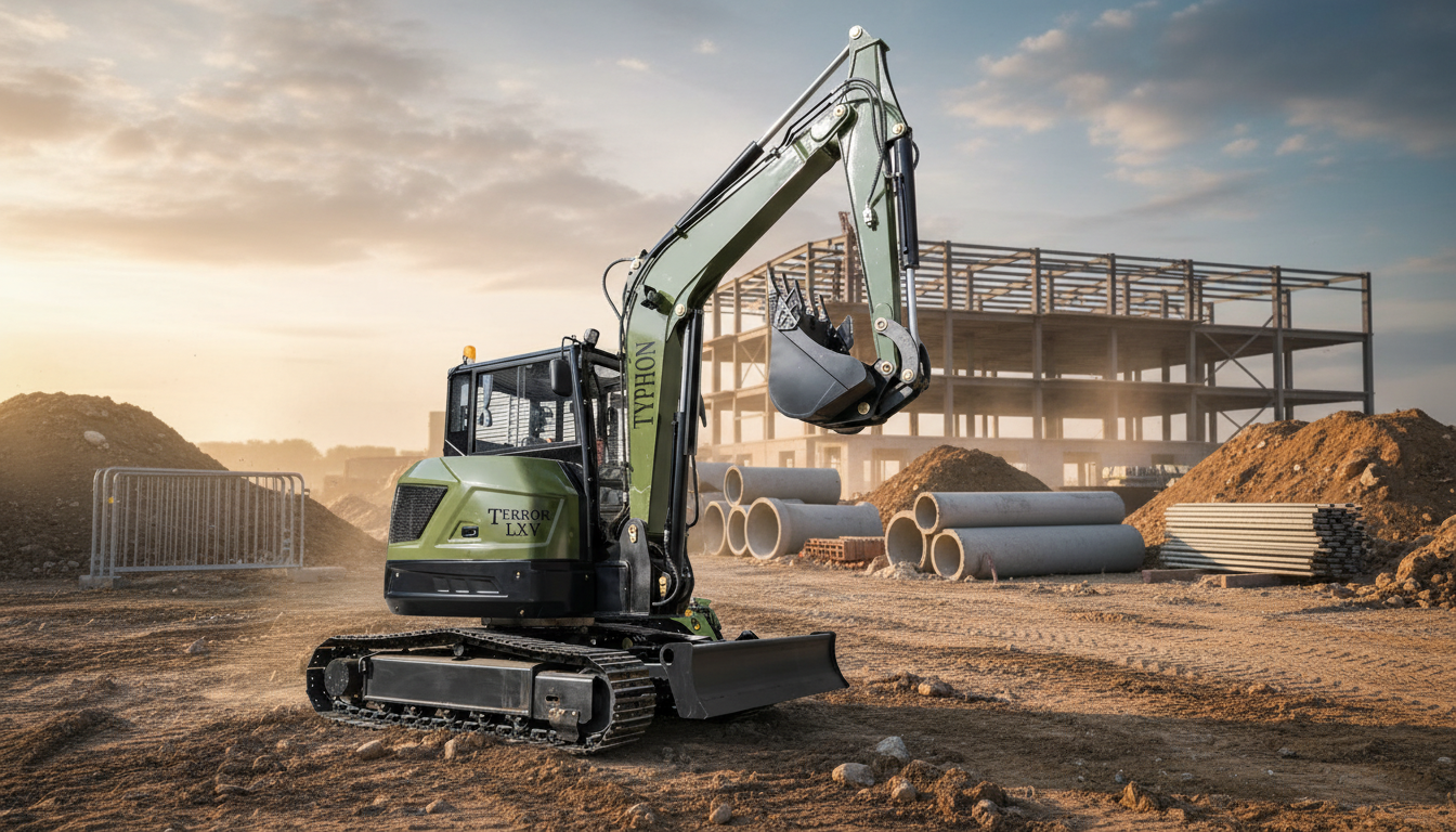 Operator cabin interior with AC heater and twin joystick controls