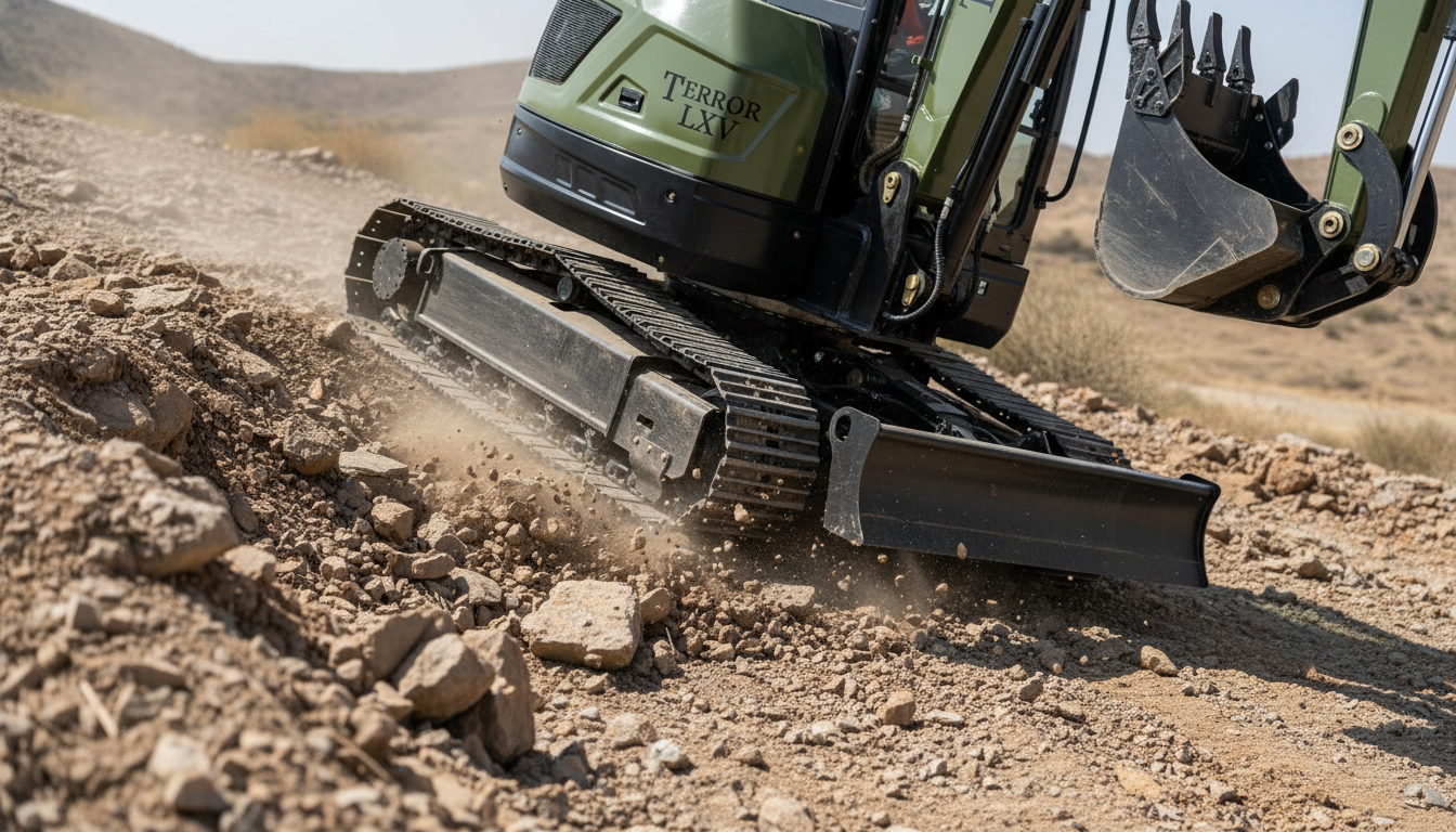 Heavy duty steel tracks on rough terrain close-up