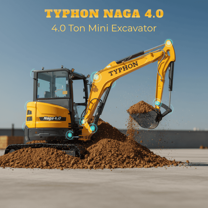 TYPHON NAGA 4.0 Mini Excavator w 4 Ton 24.4hp Yanmar Diesel Engine Metal Track ISO SAE control switch, AC Heater Cabin, 2 Travel Speed