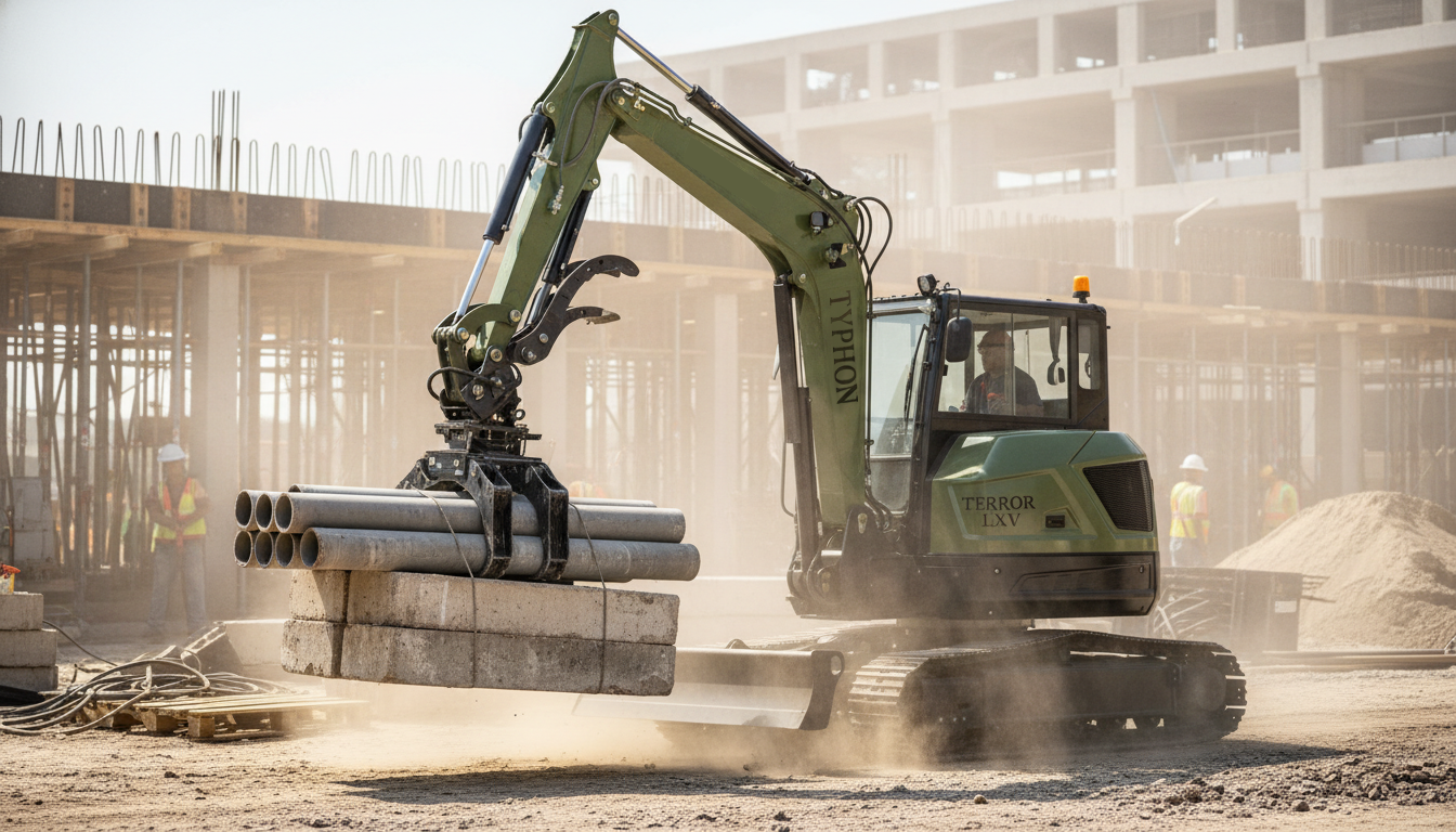 Excavator lifting heavy material on job site